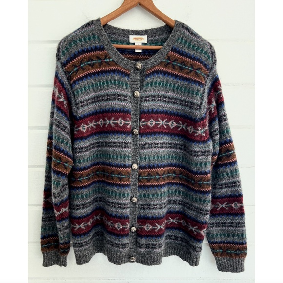Vintage TALBOTS 100% Wool Fair Isle Crew Neck Cardigan Sweater - XL - Picture 1 of 11